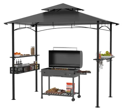 Zdjęcie produktu dla Pawilon grillowy z dwuwarstwowym dachem, wymiary 245 x 153 x 250 cm, kolor szary. Wodoodporny, ognioodporny. W zestawie kosz do przechowywania