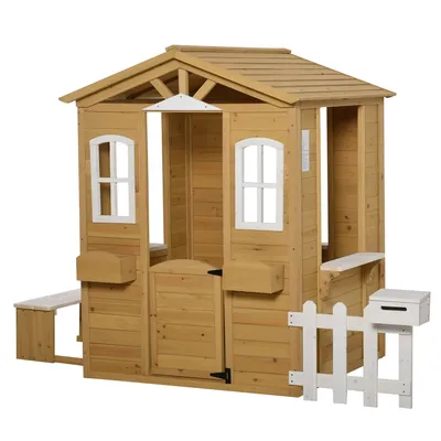 Produktbild von Kinderspielhaus aus Holz Spielhaus Outdoor mit Tür, Fenster und Pflanzkasten Briefkasten Bank für Kinder 3-6 Jahre