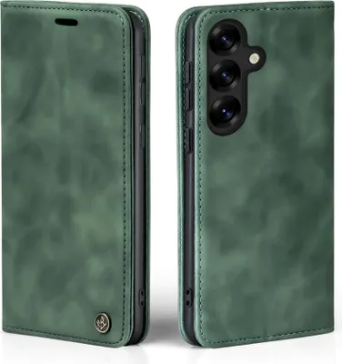 A green flip case for a smartphone is shown from two angles.