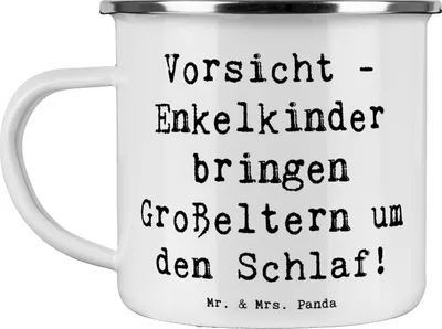 Produktbild von Mr. & Mrs. Panda Teetasse Spruch Enkelkinder - Weiß - Geschenk, Reisebecher, Schlafmangel, Familienleben, Emaille Tasse, Herausforderung, Kaffeepott, handgemacht, Haferl