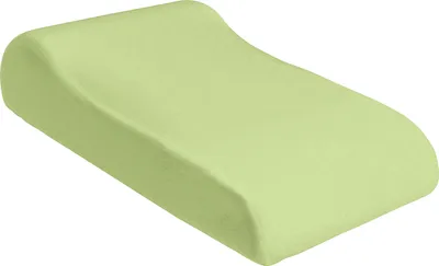A light green pillow with a curved shape, likely for leg elevation.