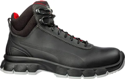 A black Puma high-top work boot with red accents.