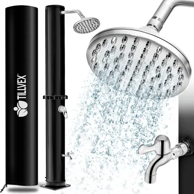 A black solar shower with a shower head and faucet, along with a protective cover.