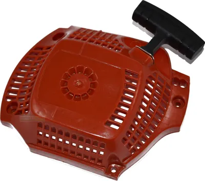 A red chainsaw starter assembly with a black pull handle is shown against a white background.