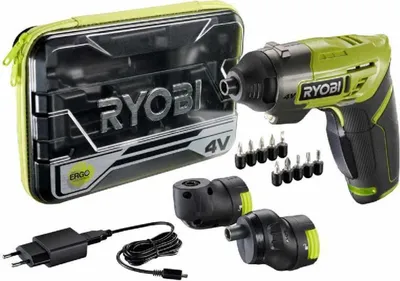 A Ryobi 4V screwdriver set with accessories and a case, laid out on a white background.
