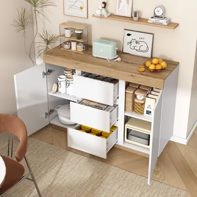 Immagine prodotto di Comò con 3 cassetti e 2 ante, mobile contenitore per camera da letto e soggiorno, bianco e noce