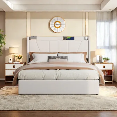 Immagine prodotto di Letto matrimoniale con contenitore e sistema di sollevamento a gas, dotato di stazione di ricarica e testiera imbottita