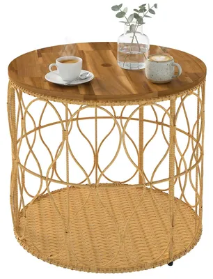 Produktbild von Outsunny Beistelltisch Ø50 cm wetterfest Gartentisch mit Rattanoptik Teak