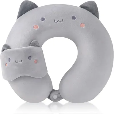 Imagen del producto de Almohada de viaje en forma de U para niños, 2 en 1: almohada para el cuello, diseño de dibujos animados, ideal para coche, avión, oficina y hogar
