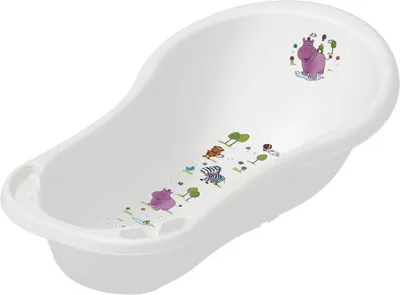 A white plastic baby bathtub with cartoon animal decals.