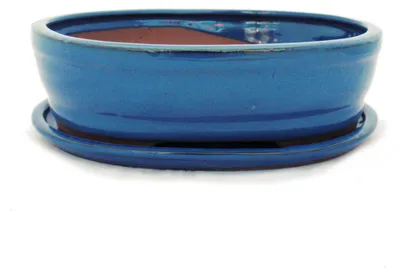Produktbild von Bonsai-Schale mit Unterteller Gr. 4 - Blau - oval - Modell O7 - L 26cm - B 21cm - H 7,5cm