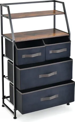 A freestanding storage unit with shelves and drawers.
