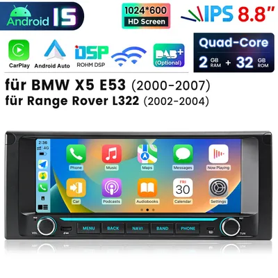 Produktbild von 8.8 Zoll CarPlay Android 15 Autoradio Für BMW X5 E53 (2000-2007) – 2+64GB, GPS Navi, Bluetooth, Touchscreen, WLAN, USB, SWC
