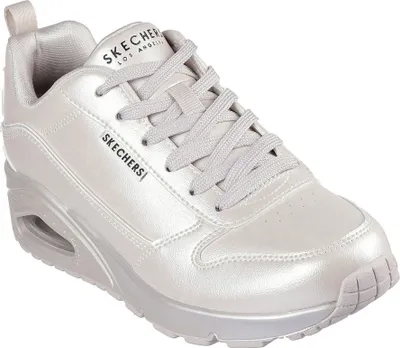 A single white Skechers sneaker is shown from a side-angle on a white background.