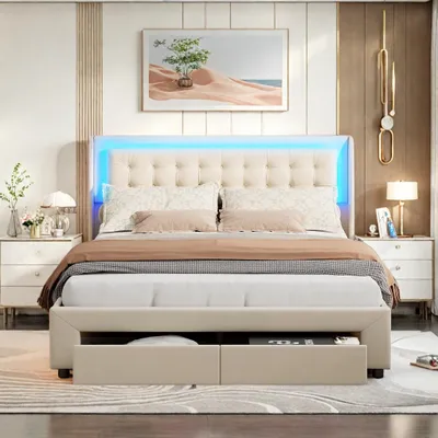 Zdjęcie produktu dla Łóżko tapicerowane 140 x 190 cm z oświetleniem LED - Beżowe
