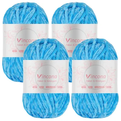 Produktbild von Chenille Wolle zum Häkeln und Stricken 4 x 100g Aquablau 100% Polyester Nadelstärke 5-6