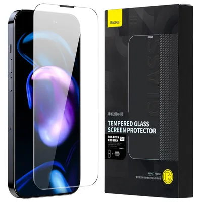 Produktbild von Baseus Set aus 2x gehärtetem Glas für iPhone 14 Pro Vollbild mit Lautsprecherabdeckung 0,3 mm + Montagerahmen