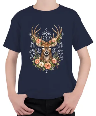 Produktbild von Eleganter Hirsch Blumenkranz Geweih Wald Boho Natur Lederhose Reh Kinder T-Shirt, Navy, 104