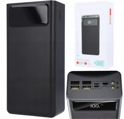 A collage of images showing a black power bank, its packaging, and a close-up of its ports and display.