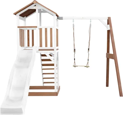 Produktbild von AXI Beach Tower Spielturm aus Holz in Braun & Weiß | Spielhaus für Kinder mit weißer Rutsche, Schaukel und Sandkasten | Stelzenhaus für den Garten