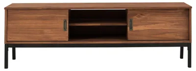 Produktbild von Lowboard SELMA 145 cm aus Massivholz, Kastanie Finish - Fernsehtisch Fernsehschrank im industrial Design mit 2 Schiebetüren 1 offenes Fach