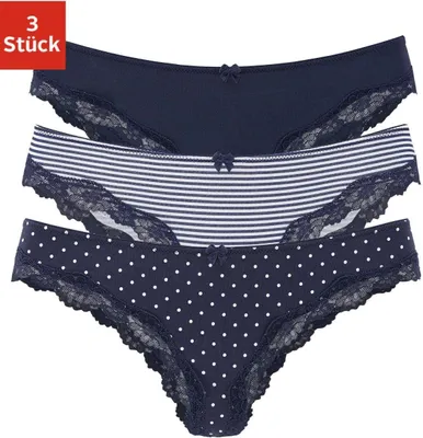 Produktbild von LASCANA Brasilslip 3 er-Pack marine-gepunktet, gestreift, uni Größe 36/38