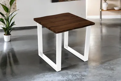 Produktbild von Esstisch 80x80 cm Baumkante Holz Nussbaum-Optik U-Gestell Metall weiß JOSY