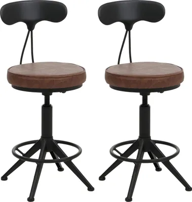 Two industrial-style bar stools with brown faux leather seats and black metal bases are shown against a white background.