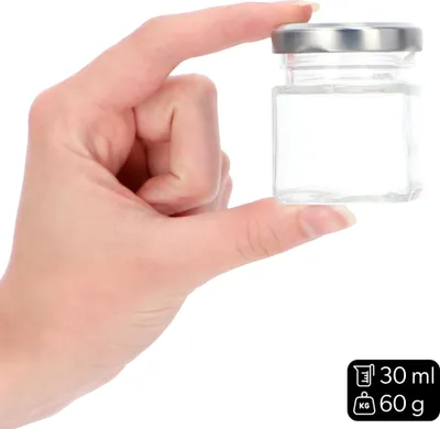 Zdjęcie produktu dla Słoiczek na przyprawy, pojemność 30 ml, zakrętka, zestaw 6 sztuk, wykonany ze szkła, sześciokątny kształt