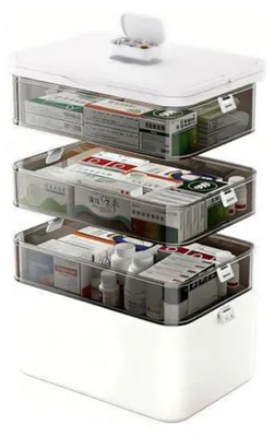 Productafbeelding van Opbergbox voor medicijnen, huisapotheek, 4 niveaus, transparant, met handvat, afsluitbaar