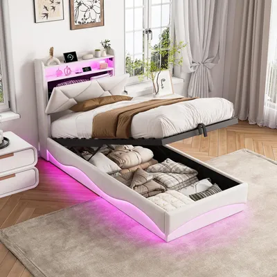 Obrázok produktu pre INONEFT Posteľ s pružinovým roštom, čalúnená, 90x200 cm, s LED osvetlením a USB portom, hydraulická posteľ pre deti s úložným priestorom, jednolôžková posteľ s pružinovým roštom, zamat, béžová