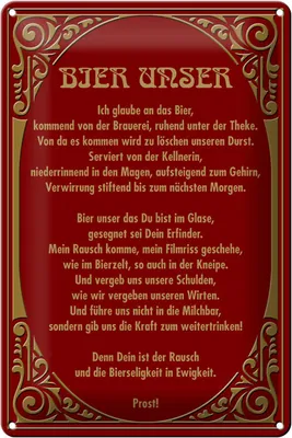 Produktbild von Blechschild  Bier Unser in Ewigkeit Gebet, 30 x 20 cm, Blechschilder Spruch Alkohol Beer