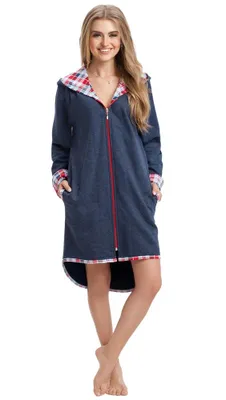 Produktbild von Leverie 213 Damen Bademantel mit reißverschluss und Kapuze, Blau mit karo-muster Gr. M