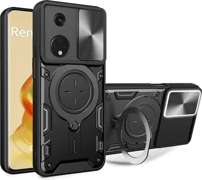 Produktbild von Handyhülle für Oppo Reno8 T 5G Dual-Layer Stoßfest Rüstung Hülle mit Dia Kameraschutz und Kreisförmig Ring Ständer Schwarz