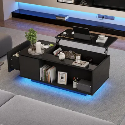 Obrázek produktu pro okwish Výškově nastavitelný konferenční stůl s ukrytým úložným prostorem, příruční stolek s LED osvětlením a USB, konferenční stolek se zásuvkou, černý