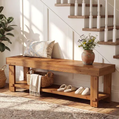 Image de Banc en bois massif de 160 cm de long, banc d'entrée à deux niveaux avec espace de rangement, banc étroit pour la chambre à coucher, banc pour table à manger pour la cuisine