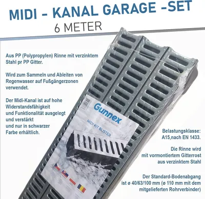 Produktbild von Entwässerungsrinne STAHL A15 Garage-Set 6 Meter Kit Midi-Kanal Rinne DAKOTA GUNNEX (6m)