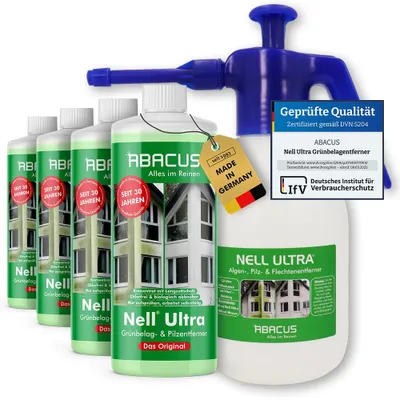 Produktbild von ABACUS® Nell Ultra Grünbelagentferner & Algenentferner Konzentrat Entfernt Grünbelag & Algen selbsttätig - 4x 1000ml mit Sprühflasche