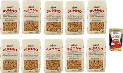 Produktbild von Rummo Anelli Siciliani n° 23 Pasta Lenta Lavorazione Teigwaren aus Hartweizengrieß Bronze-Zeichnung 10x 500g + Italian Gourmet polpa 400g