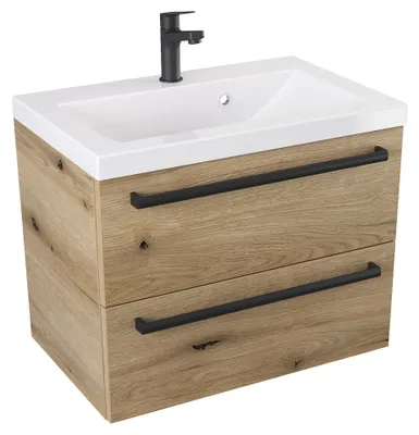 Produktbild von ATHD Wandhängender Unterschrank mit Spüle 60 cm - Evoke  Matt Eiche - Mattschwarze Griffe