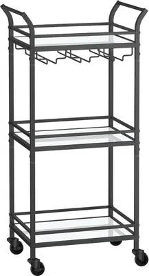 Zdjęcie produktu dla Wózek do serwowania Vasagle, 3 poziomy, wózek, z kółkami, uchwytami, lustrzanymi szklanymi półkami, do małych pomieszczeń, kuchni, jadalni, baru, czarny