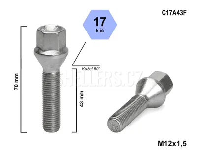 Obrázok produktu pre Skrutka kolesa M12x1,5x43 s kužeľom, kľúč 17, C17A43F, výška 70 mm