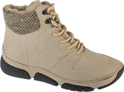 A single beige high-top sneaker boot is shown against a white background.