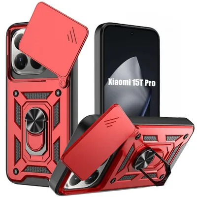 Image de Coque pour Xiaomi 15T Pro, Protection Ultra Résistante avec Anneau et Cache Caméra Coulissant - Rouge