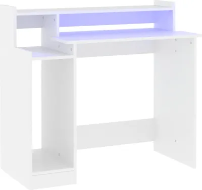 A white desk with a shelf and LED lighting.