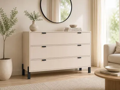 Produktbild von Kommode VERONA 3S Creme 3 Schubladen – Moderne Kommode mit Stauraum, Sideboard, Anrichte, Wohnzimmerschrank, Flurkommode, Schlafzimmerkommode