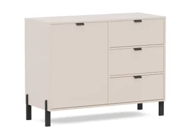 Produktbild von Albello Kommode CREAMY Beige 109x45x85 cm – moderne Kommode mit 3 Schubladen & Tür, schwarze Beine & Griffe, für Wohnzimmer & Schlafzimmer