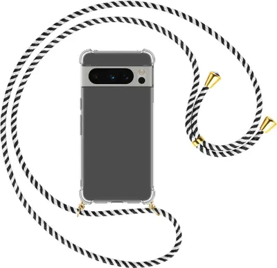 Produktbild von Handykette Backcover-Schutzhülle mit Band (Metall goldfarben) für Google Pixel 8 Pro (6.7'') - schwarz/weiß gestreift