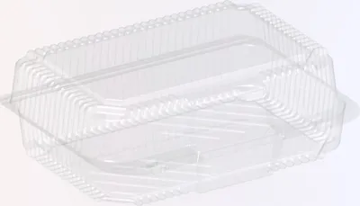 A clear, studio shot of a transparent plastic cake container.