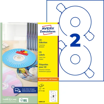 Produktbild von Avery Zweckform L6043-25, CD-Etiketten ClassicSize, A4, ? 117 mm, 50 Etiketten / 25 Bögen, weiß